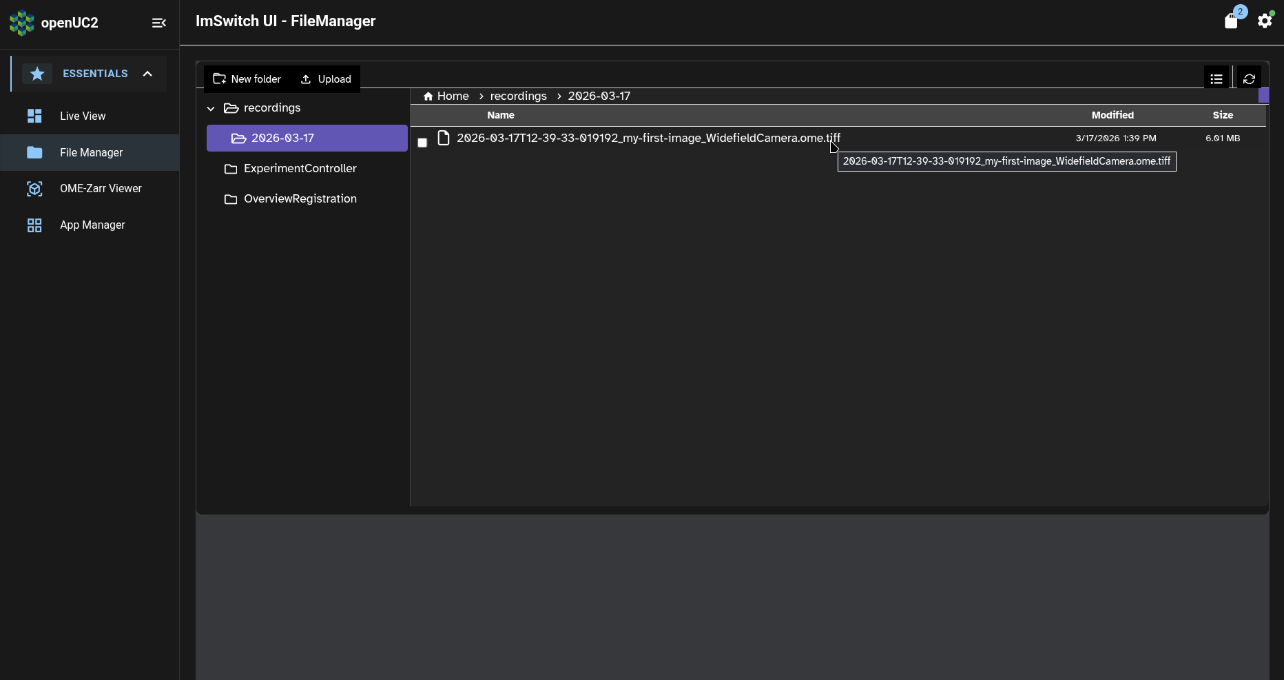 ImSwitch app: File Manager page