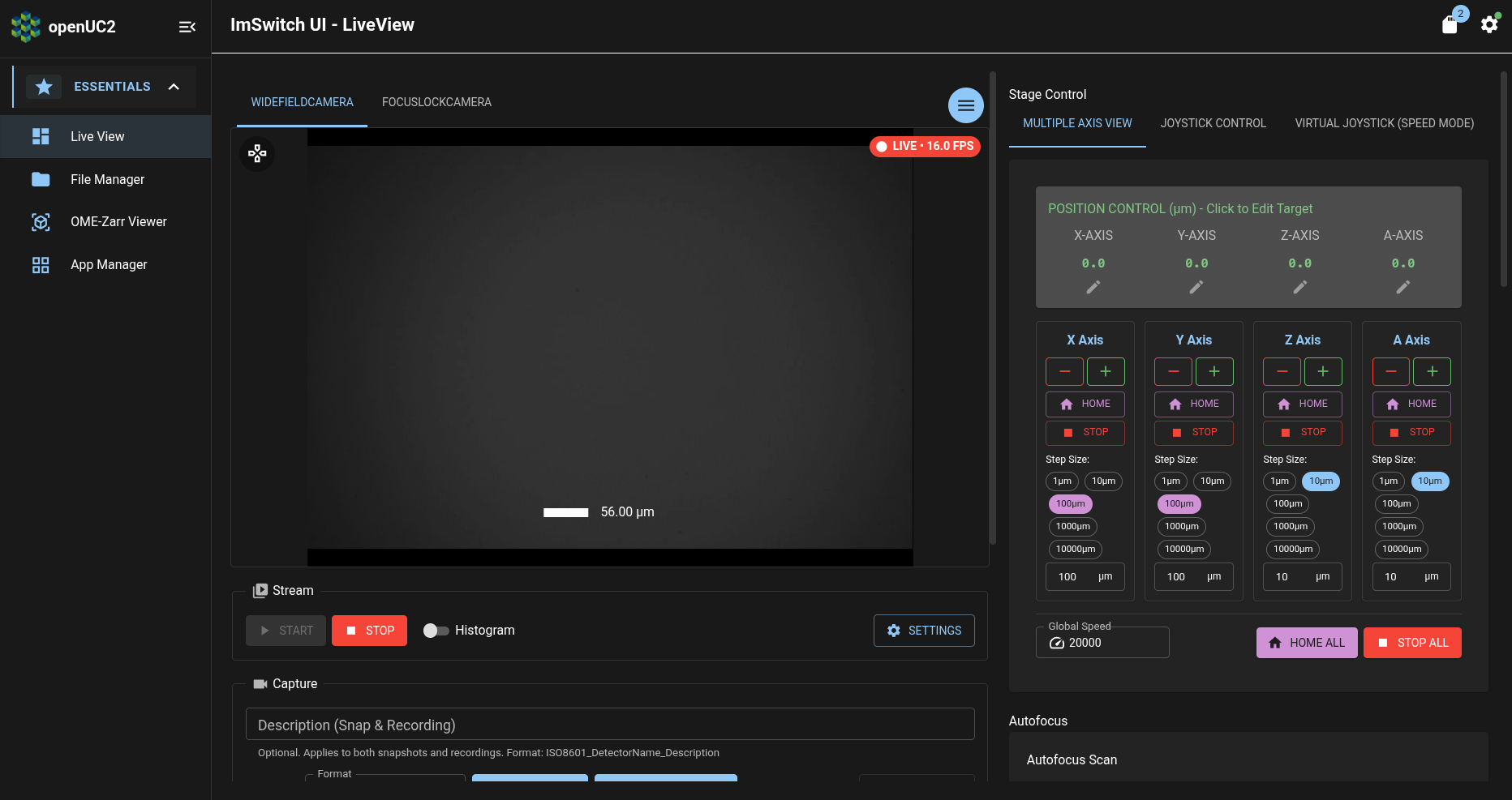 ImSwitch app: Live View page