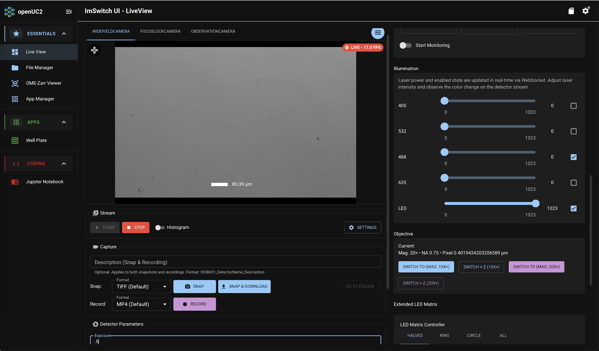 ImSwitch app: Live View page: good exposure