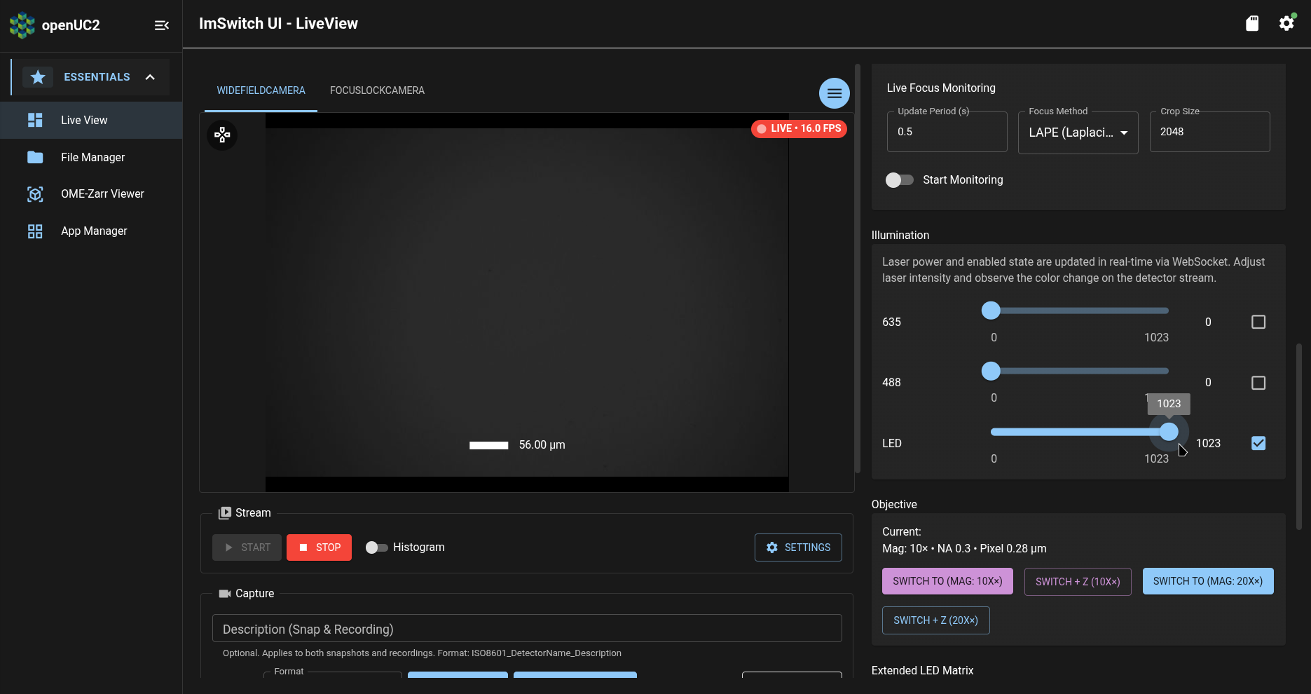 ImSwitch app: Live View page: Illumination section: LED illumination