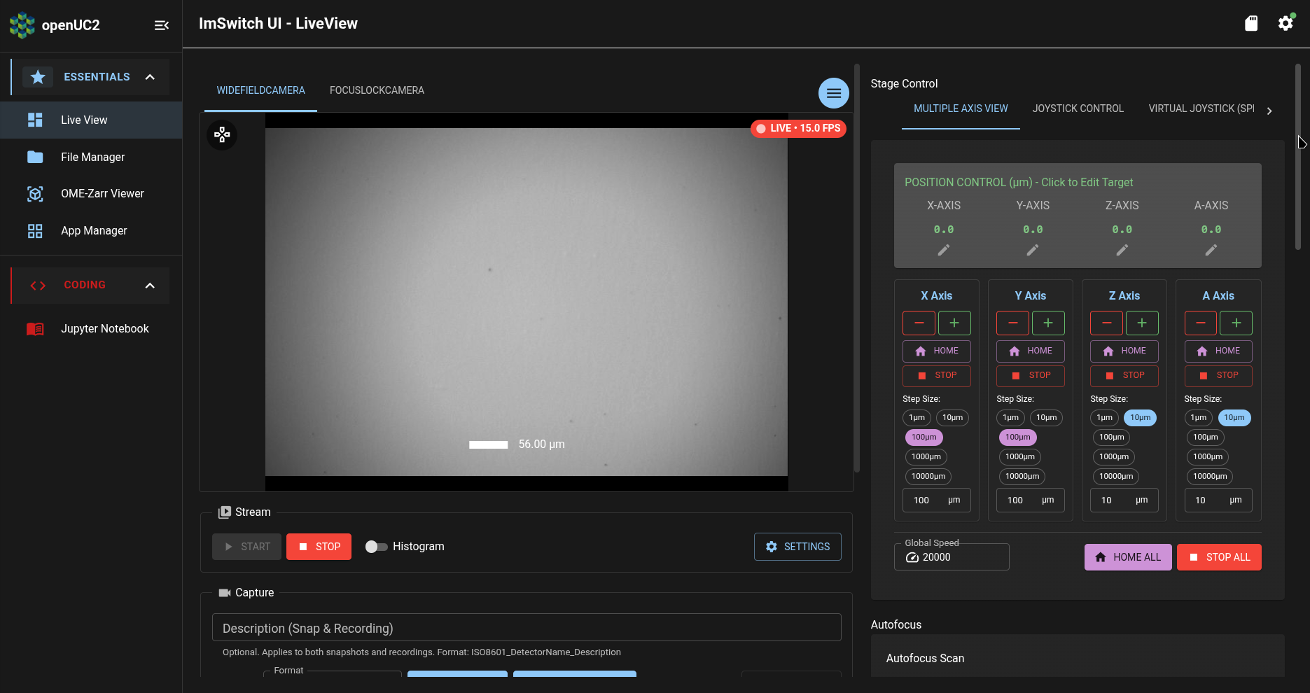 ImSwitch app: Live View page: Stage Control section
