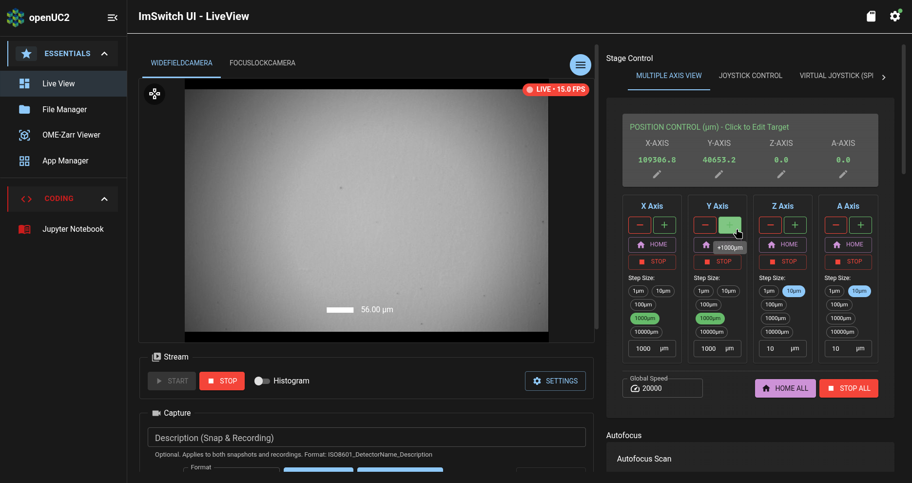 ImSwitch app: Live View page: Stage Control section: positioned
