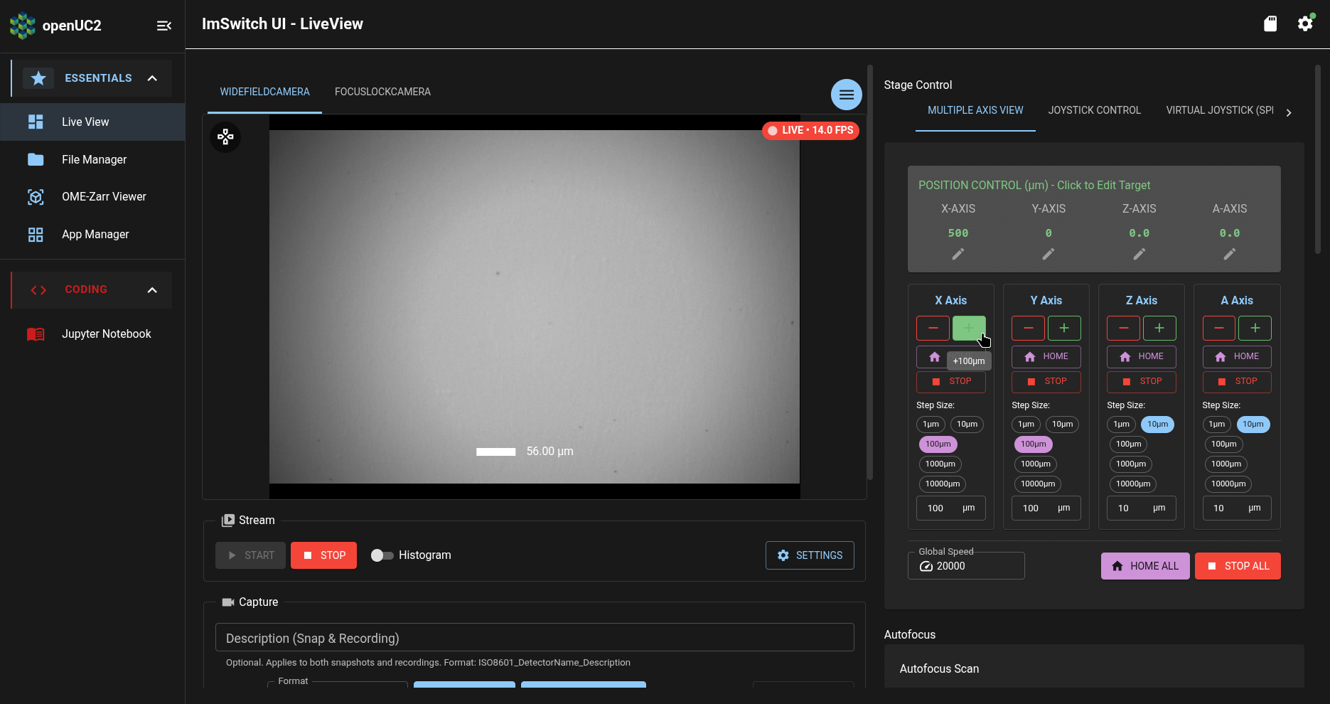 ImSwitch app: Live View page: Stage Control section: position adjustment