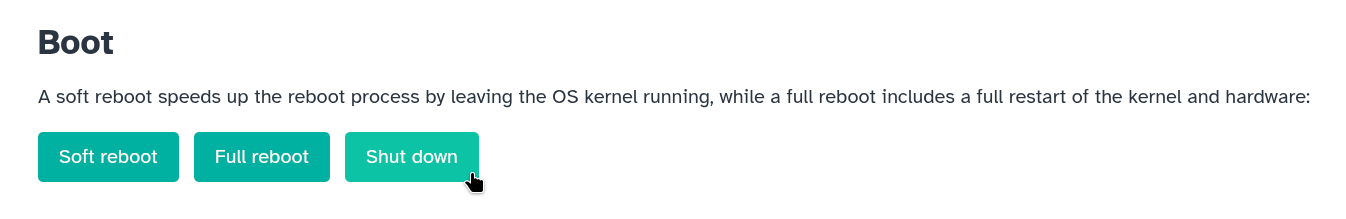 Machine Admin app homepage: Boot section: Shut down button