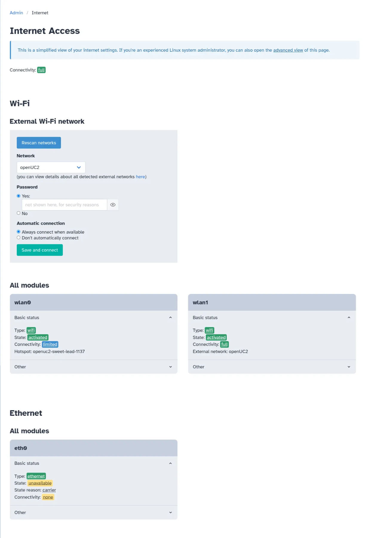 Machine Admin app: Internet Access page