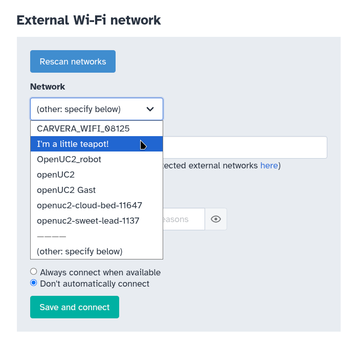 Machine Admin app: Internet Access page: External Wi-Fi network section: Wi-Fi network dropdown