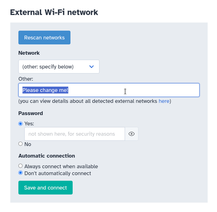 Machine Admin app: Internet Access page: External Wi-Fi network section: specify other Wi-Fi network