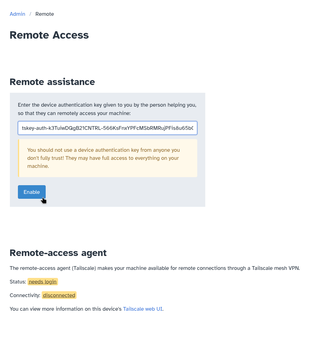 Machine Admin app: Remote Access page: adding device auth key