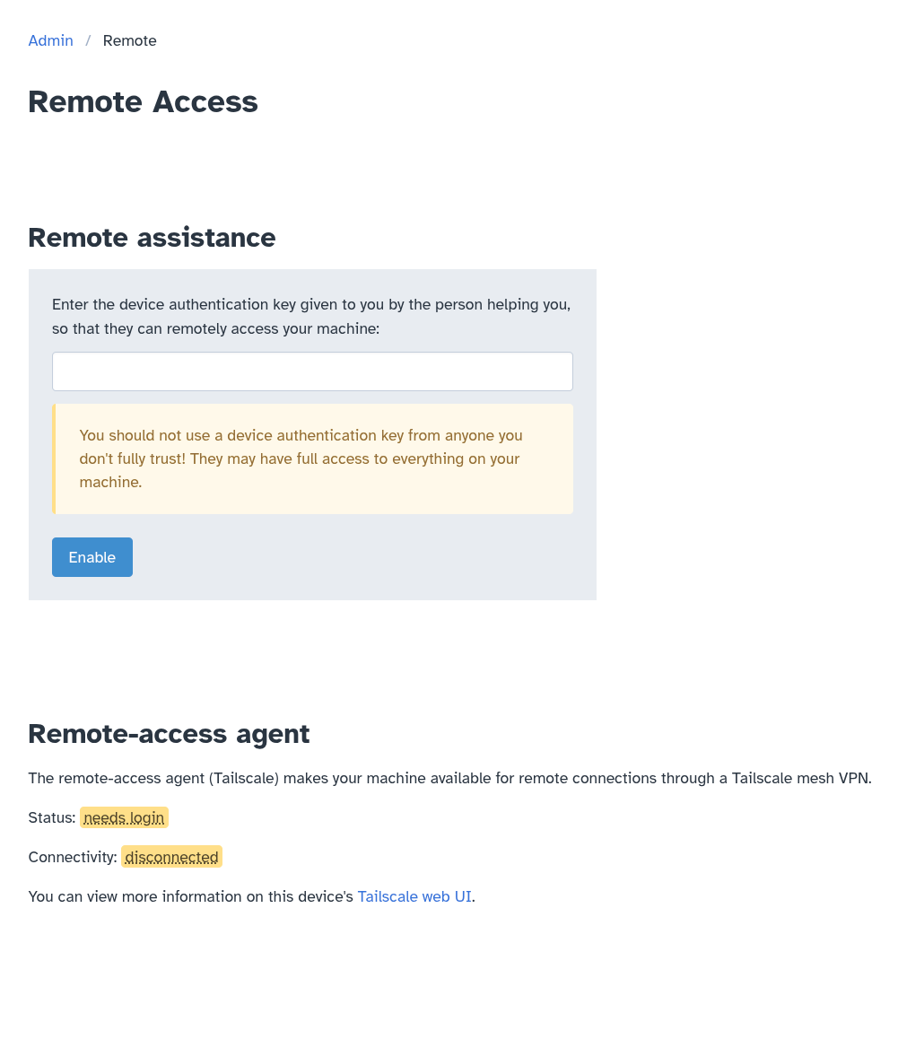 Machine Admin app: Remote Access page: needs login